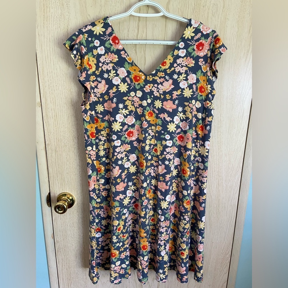 LOFT Floral Mini Dress in Charcoal with Pink, Yellow & Red Flowers